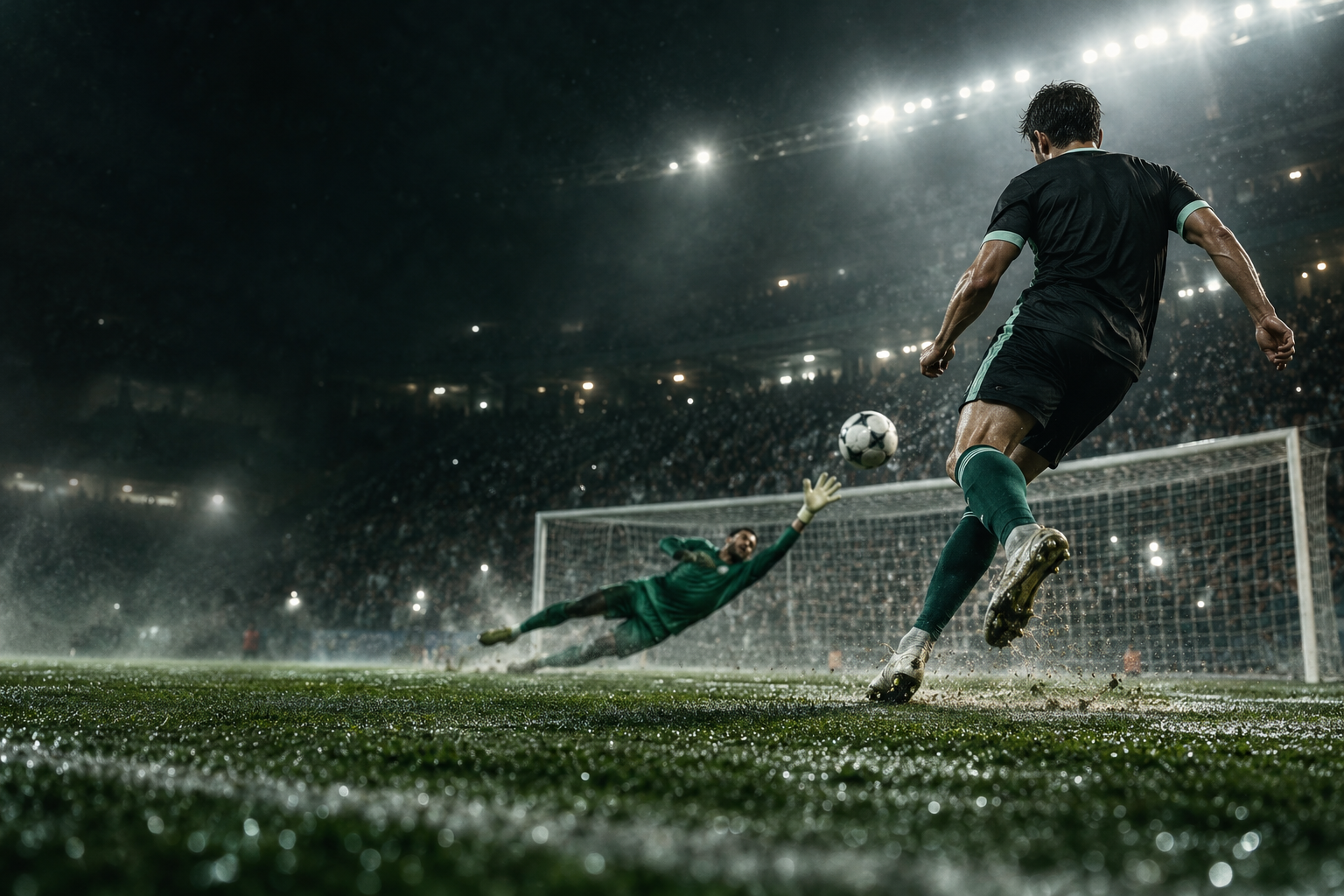 Concept artwork of a fictional footballer chipping the ball past a goalkeeper under stadium lights